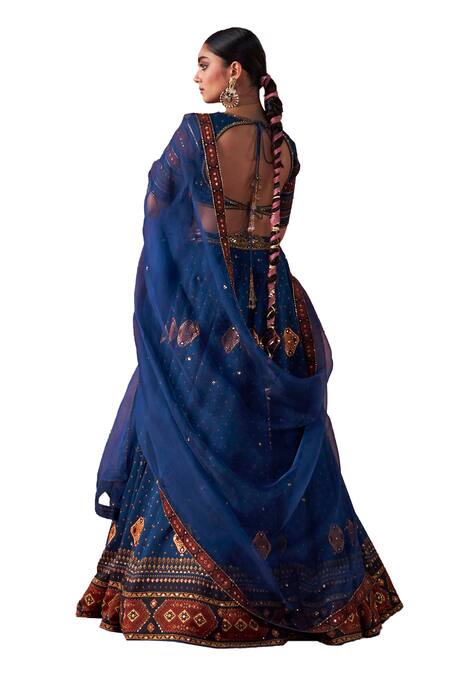 Shop Jigar Mali Blue Organza, Chanderi Embroidery, Diamonds Plunge Neck Dori Hand Lehenga Set Shop_Jigar Mali_Blue Organza, Chanderi Embroidery, Diamonds Plunge Neck Dori Hand Lehenga Set