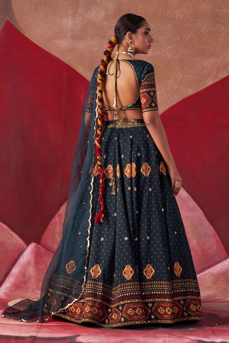 Shop_Jigar Mali_Green Organza, Chanderi Embroidery, Tassels Plunge Dori Hand Lehenga Blouse Set_at_Aza_Fashions