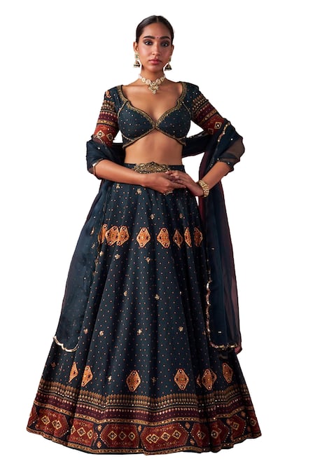 Jigar Mali_Green Organza, Chanderi Embroidery, Tassels Plunge Dori Hand Lehenga Blouse Set_Online_at_Aza_Fashions