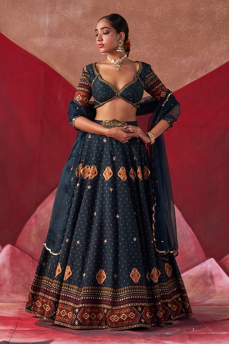 Buy_Jigar Mali_Green Organza, Chanderi Embroidery, Tassels Plunge Dori Hand Lehenga Blouse Set_Online_at_Aza_Fashions