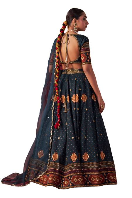 Shop_Jigar Mali_Green Organza, Chanderi Embroidery, Tassels Plunge Dori Hand Lehenga Blouse Set