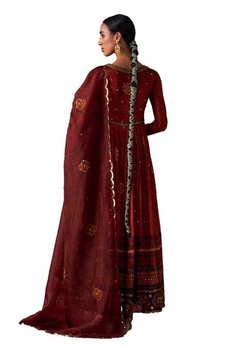 Buy Jigar Mali Maroon Organza, Chanderi Embroidery, Sequins V-neck Jamewar Printed Anarkali Set Buy_Jigar Mali_Maroon Organza, Chanderi Embroidery, Sequins V-neck Jamewar Printed Anarkali Set
