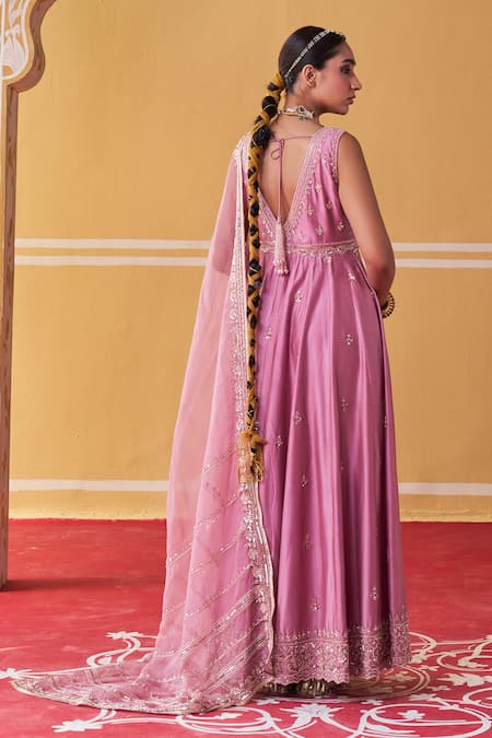 Shop_Jigar Mali_Purple Organza, Chanderi Sequins, Beads V-neck Embellished Anarkali Set _at_Aza_Fashions