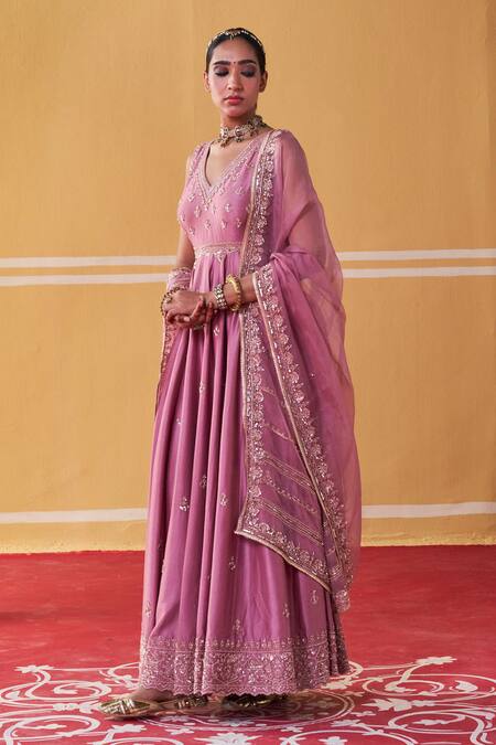 Jigar Mali_Purple Organza, Chanderi Sequins, Beads V-neck Embellished Anarkali Set _Online_at_Aza_Fashions