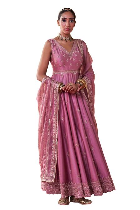Buy_Jigar Mali_Purple Organza, Chanderi Sequins, Beads V-neck Embellished Anarkali Set _Online_at_Aza_Fashions