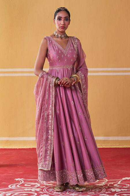 Shop_Jigar Mali_Purple Organza, Chanderi Sequins, Beads V-neck Embellished Anarkali Set _Online_at_Aza_Fashions