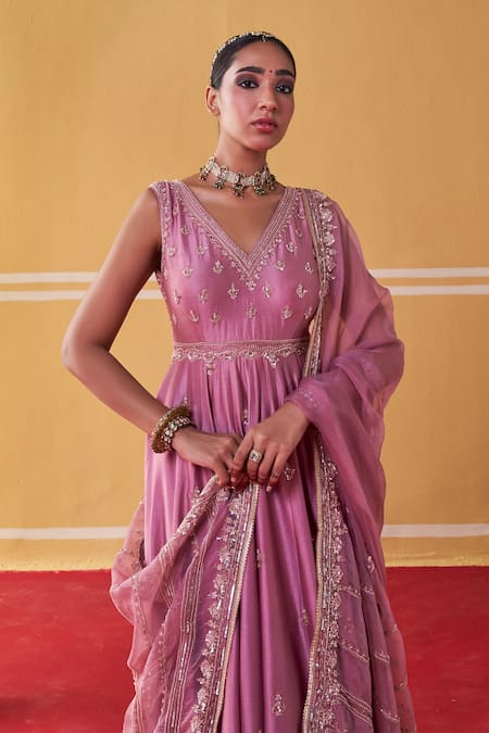Jigar Mali_Purple Organza, Chanderi Sequins, Beads V-neck Embellished Anarkali Set _at_Aza_Fashions