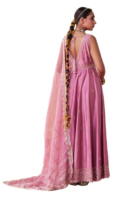 Shop_Jigar Mali_Purple Organza, Chanderi Sequins, Beads V-neck Embellished Anarkali Set 