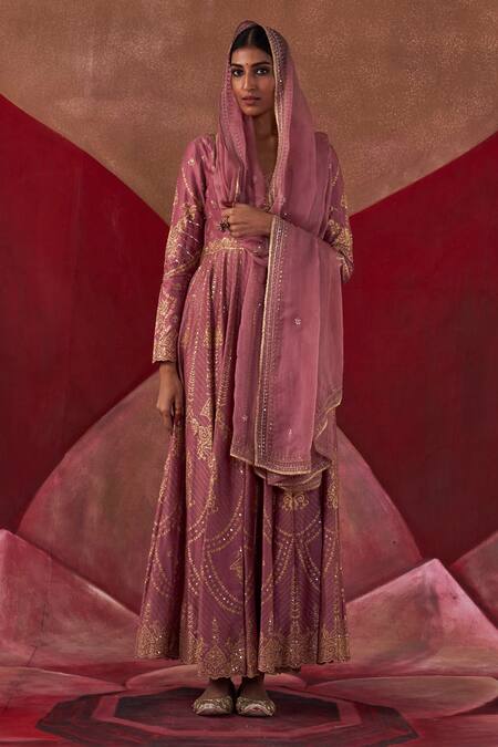 Jigar Mali Purple Organza, Chanderi Embroidery Plunge Dori Hand Jacket Anarkali Pant Set Online at Aza Fashions Jigar Mali_Purple Organza, Chanderi Embroidery Plunge Dori Hand Jacket Anarkali Pant Set_Online_at_Aza_Fashions