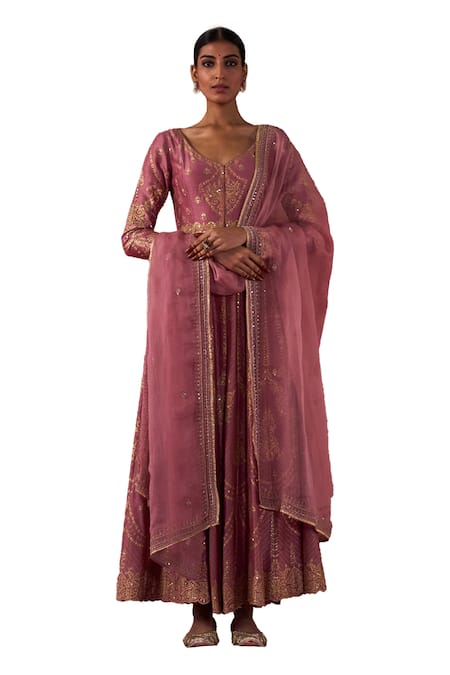 Shop Jigar Mali Purple Organza, Chanderi Embroidery Plunge Dori Hand Jacket Anarkali Pant Set Shop_Jigar Mali_Purple Organza, Chanderi Embroidery Plunge Dori Hand Jacket Anarkali Pant Set