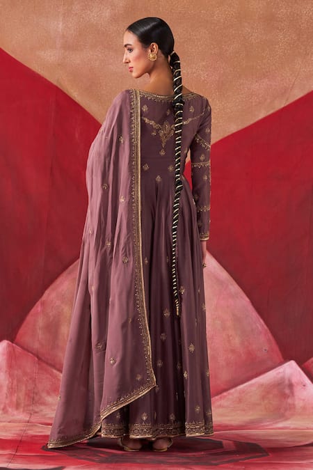 Shop Jigar Mali Purple Organza, Chanderi Embroidery Plunge Neck Dori Jacket Anarkali Pant Set at Aza Fashions Shop_Jigar Mali_Purple Organza, Chanderi Embroidery Plunge Neck Dori Jacket Anarkali Pant Set _at_Aza_Fashions