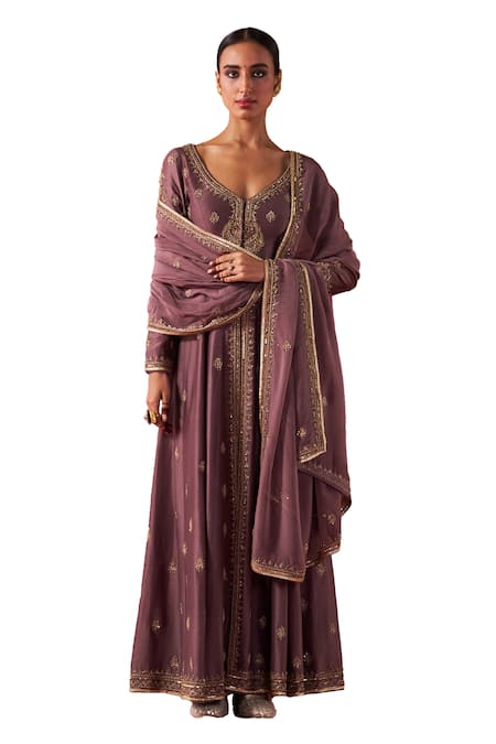 Jigar Mali Purple Organza, Chanderi Embroidery Plunge Neck Dori Jacket Anarkali Pant Set Online at Aza Fashions Jigar Mali_Purple Organza, Chanderi Embroidery Plunge Neck Dori Jacket Anarkali Pant Set _Online_at_Aza_Fashions