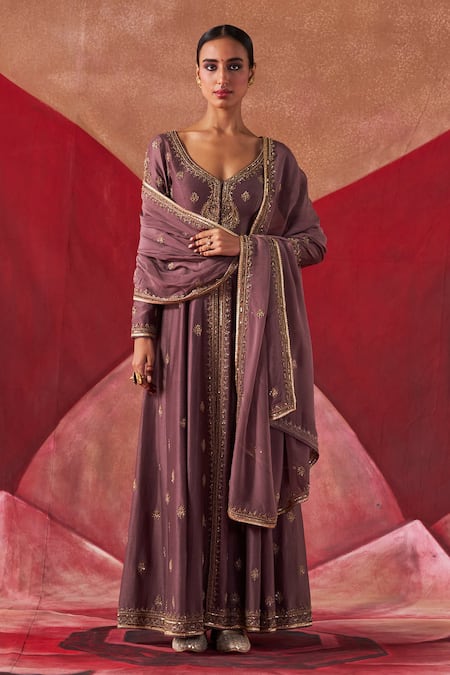 Buy Jigar Mali Purple Organza, Chanderi Embroidery Plunge Neck Dori Jacket Anarkali Pant Set Online at Aza Fashions Buy_Jigar Mali_Purple Organza, Chanderi Embroidery Plunge Neck Dori Jacket Anarkali Pant Set _Online_at_Aza_Fashions