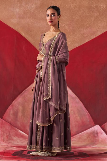 Shop Jigar Mali Purple Organza, Chanderi Embroidery Plunge Neck Dori Jacket Anarkali Pant Set Online at Aza Fashions Shop_Jigar Mali_Purple Organza, Chanderi Embroidery Plunge Neck Dori Jacket Anarkali Pant Set _Online_at_Aza_Fashions