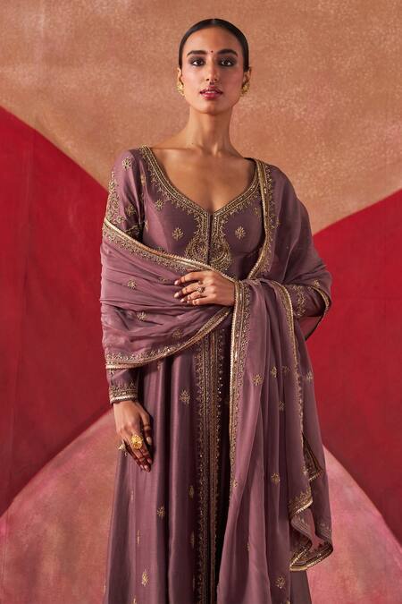 Jigar Mali Purple Organza, Chanderi Embroidery Plunge Neck Dori Jacket Anarkali Pant Set at Aza Fashions Jigar Mali_Purple Organza, Chanderi Embroidery Plunge Neck Dori Jacket Anarkali Pant Set _at_Aza_Fashions