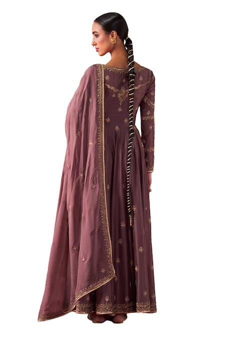 Buy Jigar Mali Purple Organza, Chanderi Embroidery Plunge Neck Dori Jacket Anarkali Pant Set Buy_Jigar Mali_Purple Organza, Chanderi Embroidery Plunge Neck Dori Jacket Anarkali Pant Set