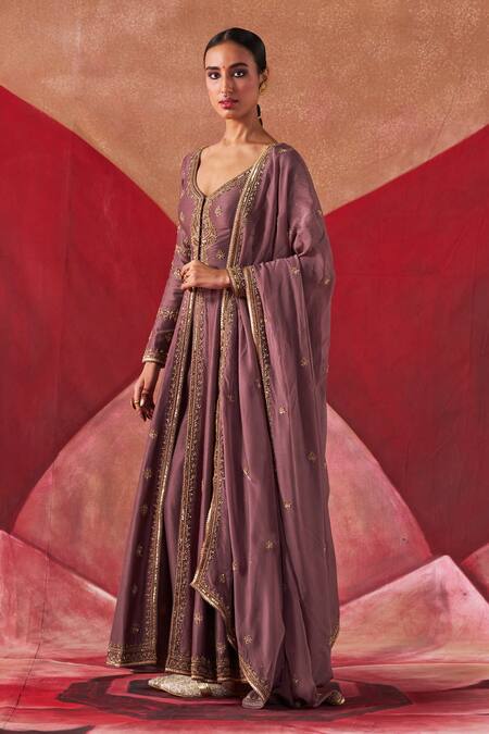 Shop Jigar Mali Purple Organza, Chanderi Embroidery Plunge Neck Dori Jacket Anarkali Pant Set Shop_Jigar Mali_Purple Organza, Chanderi Embroidery Plunge Neck Dori Jacket Anarkali Pant Set