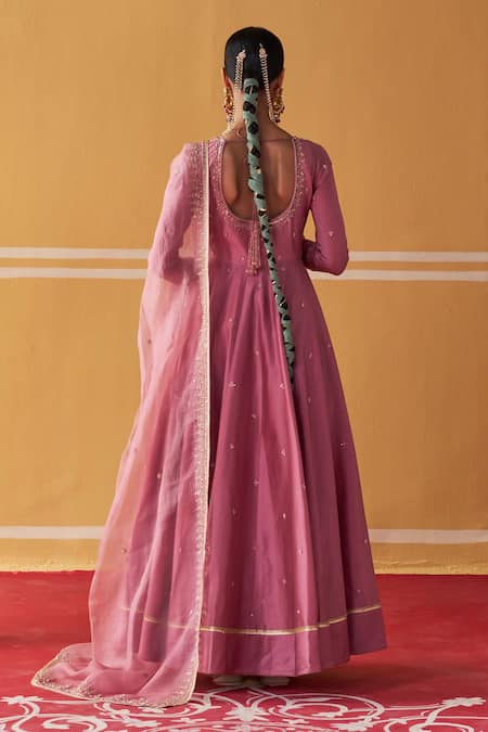 Shop Jigar Mali Purple Organza, Chanderi Beads, Sequins Round Neck Embroidered Anarkali Pant Set at Aza Fashions Shop_Jigar Mali_Purple Organza, Chanderi Beads, Sequins Round Neck Embroidered Anarkali Pant Set_at_Aza_Fashions