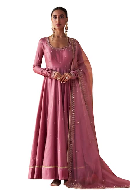 Jigar Mali Purple Organza, Chanderi Beads, Sequins Round Neck Embroidered Anarkali Pant Set Online at Aza Fashions Jigar Mali_Purple Organza, Chanderi Beads, Sequins Round Neck Embroidered Anarkali Pant Set_Online_at_Aza_Fashions