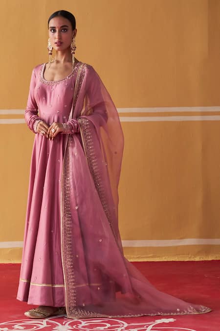 Buy Jigar Mali Purple Organza, Chanderi Beads, Sequins Round Neck Embroidered Anarkali Pant Set Online at Aza Fashions Buy_Jigar Mali_Purple Organza, Chanderi Beads, Sequins Round Neck Embroidered Anarkali Pant Set_Online_at_Aza_Fashions