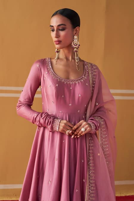 Shop Jigar Mali Purple Organza, Chanderi Beads, Sequins Round Neck Embroidered Anarkali Pant Set Online at Aza Fashions Shop_Jigar Mali_Purple Organza, Chanderi Beads, Sequins Round Neck Embroidered Anarkali Pant Set_Online_at_Aza_Fashions