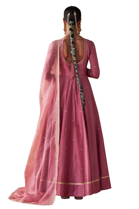 Buy Jigar Mali Purple Organza, Chanderi Beads, Sequins Round Neck Embroidered Anarkali Pant Set Buy_Jigar Mali_Purple Organza, Chanderi Beads, Sequins Round Neck Embroidered Anarkali Pant Set