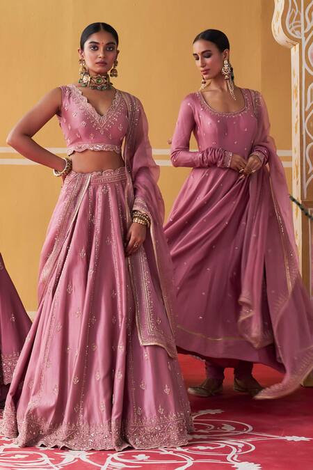 Shop Jigar Mali Purple Organza, Chanderi Beads, Sequins Round Neck Embroidered Anarkali Pant Set Shop_Jigar Mali_Purple Organza, Chanderi Beads, Sequins Round Neck Embroidered Anarkali Pant Set