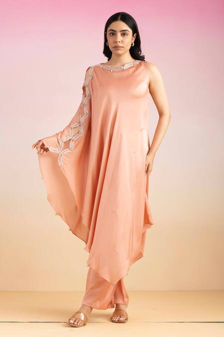 Ajiesh Oberoi Peach Chiffon, Lycra Leher Neckline Embroidered Cape And Palazzo Set Online at Aza Fashions Ajiesh Oberoi_Peach Chiffon, Lycra Leher Neckline Embroidered Cape And Palazzo Set _Online_at_Aza_Fashions