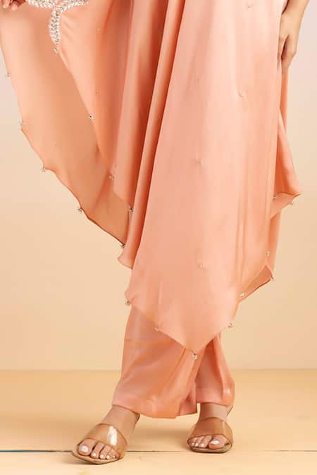 Buy Ajiesh Oberoi Peach Chiffon, Lycra Leher Neckline Embroidered Cape And Palazzo Set Online at Aza Fashions Buy_Ajiesh Oberoi_Peach Chiffon, Lycra Leher Neckline Embroidered Cape And Palazzo Set _Online_at_Aza_Fashions