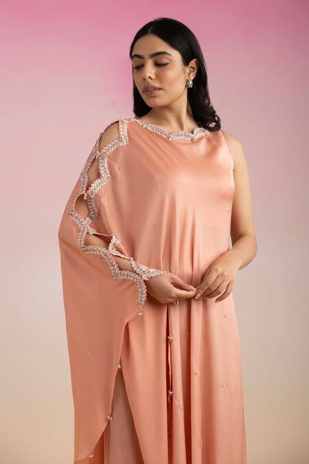 Ajiesh Oberoi Peach Chiffon, Lycra Leher Neckline Embroidered Cape And Palazzo Set at Aza Fashions Ajiesh Oberoi_Peach Chiffon, Lycra Leher Neckline Embroidered Cape And Palazzo Set _at_Aza_Fashions