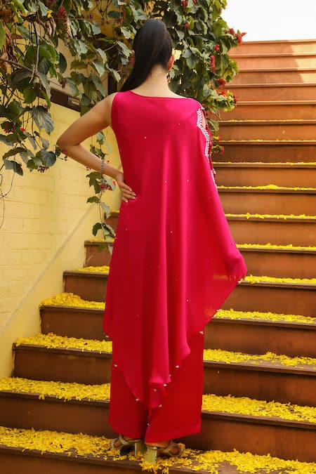 Shop Ajiesh Oberoi Pink Chiffon, Lycra Leher Cutdana Embroidered Cape And Palazzo Set at Aza Fashions Shop_Ajiesh Oberoi_Pink Chiffon, Lycra Leher Cutdana Embroidered Cape And Palazzo Set _at_Aza_Fashions
