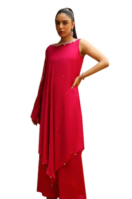 Ajiesh Oberoi Pink Chiffon, Lycra Leher Cutdana Embroidered Cape And Palazzo Set Online at Aza Fashions Ajiesh Oberoi_Pink Chiffon, Lycra Leher Cutdana Embroidered Cape And Palazzo Set _Online_at_Aza_Fashions