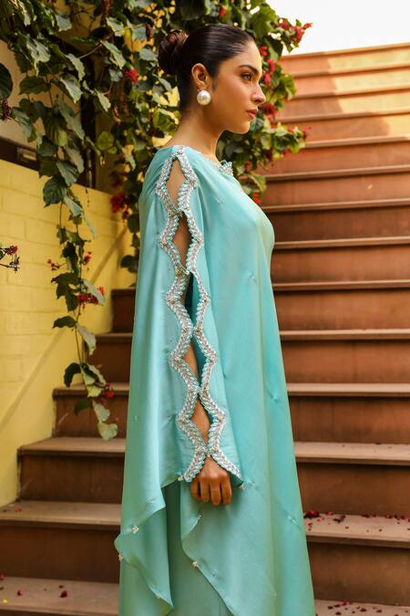 Shop Ajiesh Oberoi Blue Chiffon, Lycra Gota Patti Embroidered Cape And Palazzo Set Shop_Ajiesh Oberoi_Blue Chiffon, Lycra Gota Patti Embroidered Cape And Palazzo Set