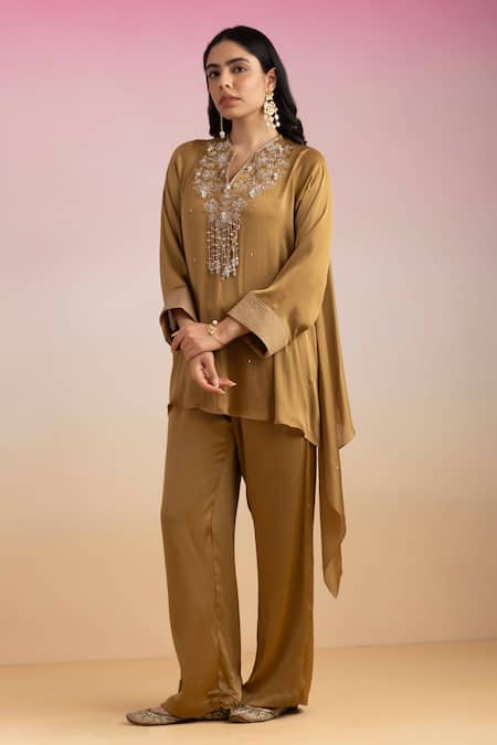 Ajiesh Oberoi Gold Chiffon, Muslin Cut Work Jhilmil Neckline Embroidered Kaftan And Palazzo Set at Aza Fashions Ajiesh Oberoi_Gold Chiffon, Muslin Cut Work Jhilmil Neckline Embroidered Kaftan And Palazzo Set _at_Aza_Fashions