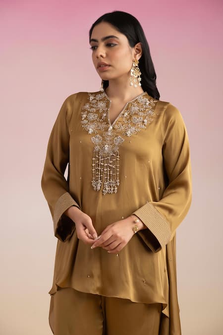 Buy Ajiesh Oberoi Gold Chiffon, Muslin Cut Work Jhilmil Neckline Embroidered Kaftan And Palazzo Set Buy_Ajiesh Oberoi_Gold Chiffon, Muslin Cut Work Jhilmil Neckline Embroidered Kaftan And Palazzo Set