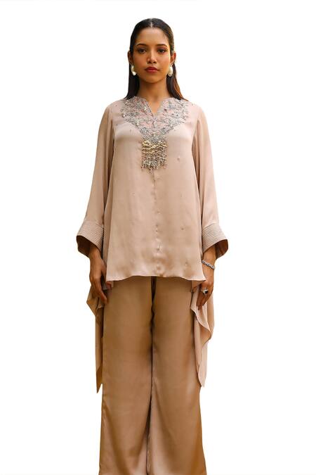 Buy Ajiesh Oberoi Beige Chiffon, Muslin Beads Split Jhilmil Embroidered Kaftan And Palazzo Set Online at Aza Fashions Buy_Ajiesh Oberoi_Beige Chiffon, Muslin Beads Split Jhilmil Embroidered Kaftan And Palazzo Set _Online_at_Aza_Fashions