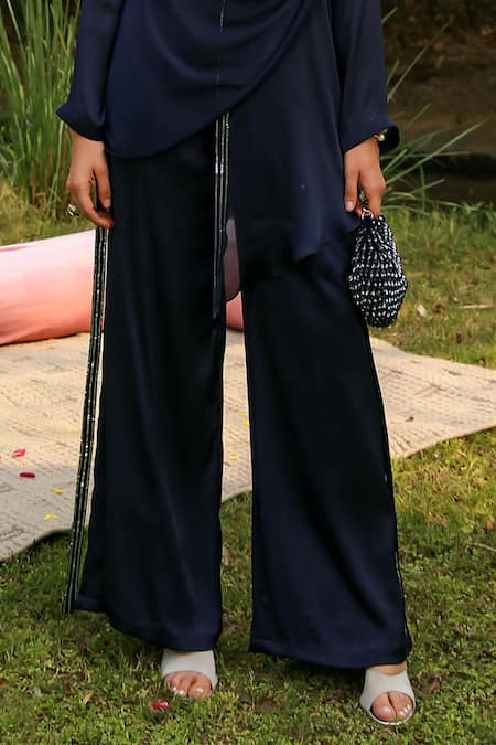 Ajiesh Oberoi Blue Chiffon, Cotton Sequins Mira Placket Embroidered Shirt And Palazzo Set Online at Aza Fashions Ajiesh Oberoi_Blue Chiffon, Cotton Sequins Mira Placket Embroidered Shirt And Palazzo Set _Online_at_Aza_Fashions