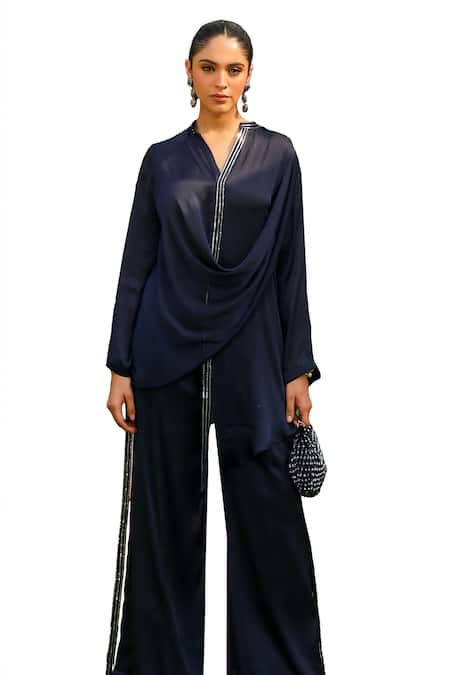 Buy Ajiesh Oberoi Blue Chiffon, Cotton Sequins Mira Placket Embroidered Shirt And Palazzo Set Online at Aza Fashions Buy_Ajiesh Oberoi_Blue Chiffon, Cotton Sequins Mira Placket Embroidered Shirt And Palazzo Set _Online_at_Aza_Fashions
