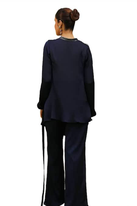 Ajiesh Oberoi Blue Chiffon, Cotton Sequins Mira Placket Embroidered Shirt And Palazzo Set at Aza Fashions Ajiesh Oberoi_Blue Chiffon, Cotton Sequins Mira Placket Embroidered Shirt And Palazzo Set _at_Aza_Fashions