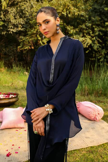 Buy Ajiesh Oberoi Blue Chiffon, Cotton Sequins Mira Placket Embroidered Shirt And Palazzo Set Buy_Ajiesh Oberoi_Blue Chiffon, Cotton Sequins Mira Placket Embroidered Shirt And Palazzo Set