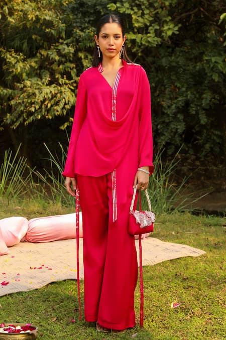 Ajiesh Oberoi Pink Chiffon Embroidery Sequin Mira Cowl Shirt And Palazzo Set For Kids