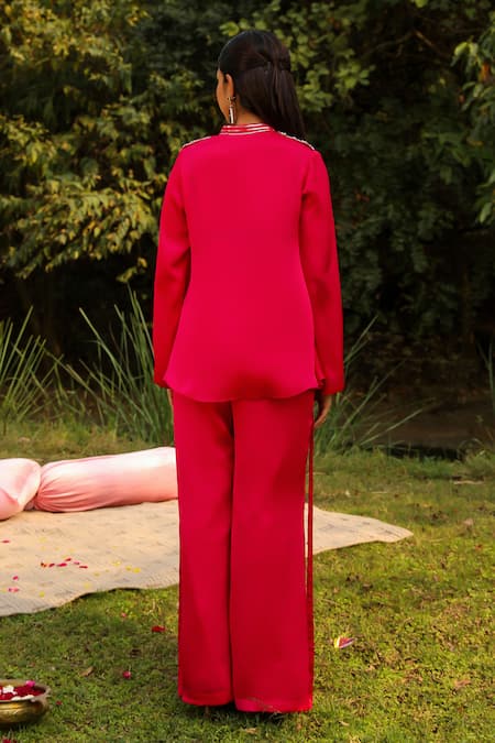 Shop Ajiesh Oberoi Pink Chiffon, Cotton Sequins Mandarin Mira Cowl Embroidered Shirt And Palazzo Set at Aza Fashions Shop_Ajiesh Oberoi_Pink Chiffon, Cotton Sequins Mandarin Mira Cowl Embroidered Shirt And Palazzo Set _at_Aza_Fashions