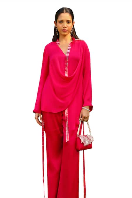 Buy Ajiesh Oberoi Pink Chiffon, Cotton Sequins Mandarin Mira Cowl Embroidered Shirt And Palazzo Set Online at Aza Fashions Buy_Ajiesh Oberoi_Pink Chiffon, Cotton Sequins Mandarin Mira Cowl Embroidered Shirt And Palazzo Set _Online_at_Aza_Fashions