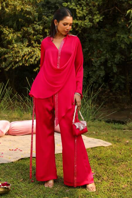 Shop Ajiesh Oberoi Pink Chiffon, Cotton Sequins Mandarin Mira Cowl Embroidered Shirt And Palazzo Set Online at Aza Fashions Shop_Ajiesh Oberoi_Pink Chiffon, Cotton Sequins Mandarin Mira Cowl Embroidered Shirt And Palazzo Set _Online_at_Aza_Fashions