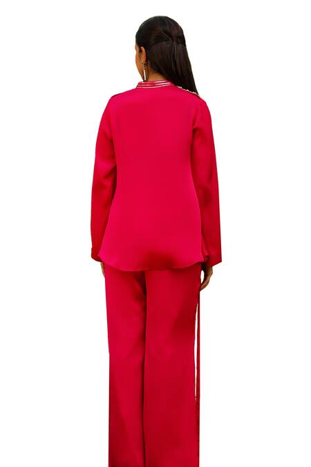 Ajiesh Oberoi Pink Chiffon, Cotton Sequins Mandarin Mira Cowl Embroidered Shirt And Palazzo Set at Aza Fashions Ajiesh Oberoi_Pink Chiffon, Cotton Sequins Mandarin Mira Cowl Embroidered Shirt And Palazzo Set _at_Aza_Fashions