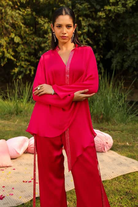 Buy Ajiesh Oberoi Pink Chiffon, Cotton Sequins Mandarin Mira Cowl Embroidered Shirt And Palazzo Set Buy_Ajiesh Oberoi_Pink Chiffon, Cotton Sequins Mandarin Mira Cowl Embroidered Shirt And Palazzo Set