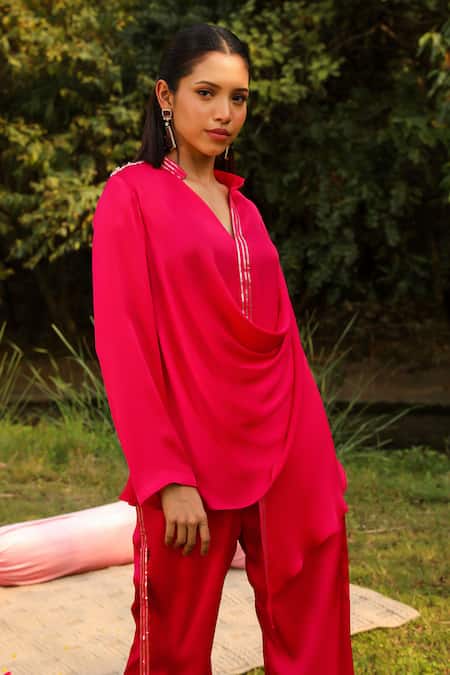 Shop Ajiesh Oberoi Pink Chiffon, Cotton Sequins Mandarin Mira Cowl Embroidered Shirt And Palazzo Set Shop_Ajiesh Oberoi_Pink Chiffon, Cotton Sequins Mandarin Mira Cowl Embroidered Shirt And Palazzo Set