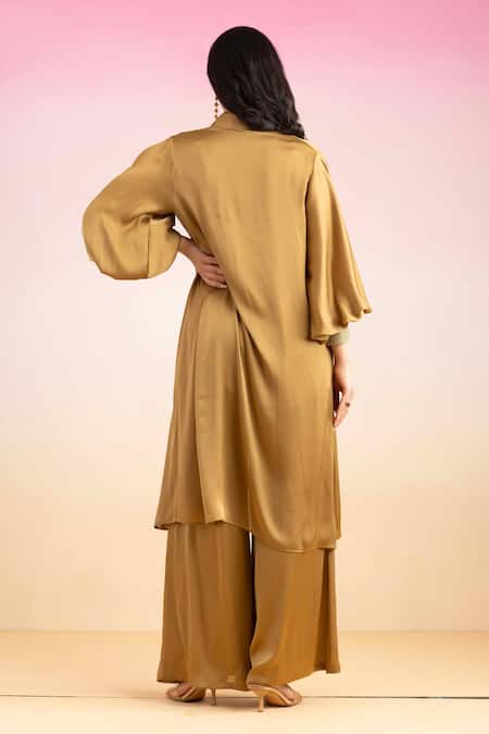 Shop Ajiesh Oberoi Gold Chiffon, Cotton Cut Work, Embroidery Open Neck, Kajal Cuff Shrug Pant Set at Aza Fashions Shop_Ajiesh Oberoi_Gold Chiffon, Cotton Cut Work, Embroidery Open Neck, Kajal Cuff Shrug Pant Set _at_Aza_Fashions