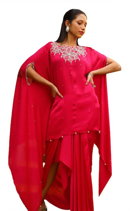 Ajiesh Oberoi Pink Chiffon Beads, Zari Round Neck Rhythm Zardozi Embroidered Kaftan With Skirt Online at Aza Fashions Ajiesh Oberoi_Pink Chiffon Beads, Zari Round Neck Rhythm Zardozi Embroidered Kaftan With Skirt _Online_at_Aza_Fashions