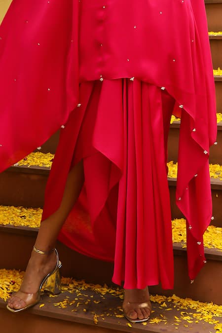 Shop Ajiesh Oberoi Pink Chiffon Beads, Zari Round Neck Rhythm Zardozi Embroidered Kaftan With Skirt Online at Aza Fashions Shop_Ajiesh Oberoi_Pink Chiffon Beads, Zari Round Neck Rhythm Zardozi Embroidered Kaftan With Skirt _Online_at_Aza_Fashions